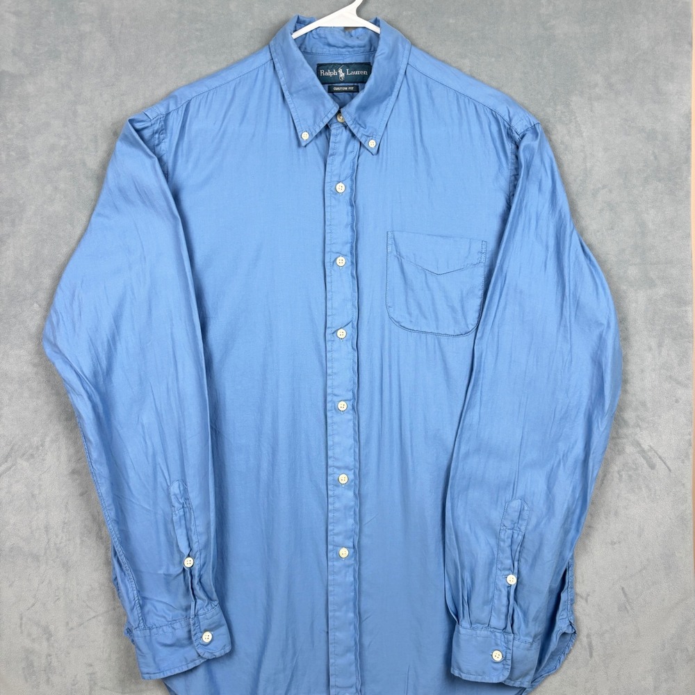 Ralph Lauren Mens Custom Fit Button Down Shirt Blue Long Sleeve Large